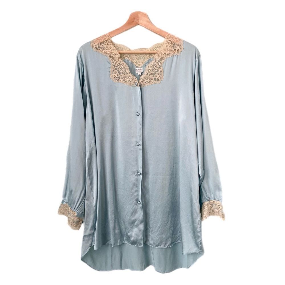 Vintage Treesha Elegant Blue Blouse with Lace Trim 100% Satin with Nylon Trim M